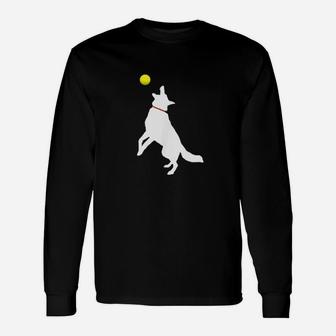 White German Shepherd Dog Gsd Catching Yellow Tennis Ball Unisex Long Sleeve | Crazezy
