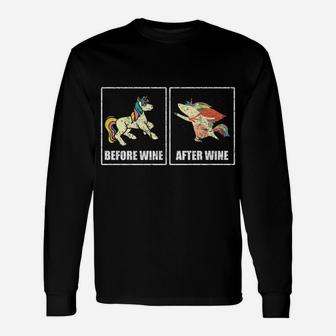 Before After Wine Unicorn Drinking Party Distressed Long Sleeve T-Shirt - Thegiftio UK