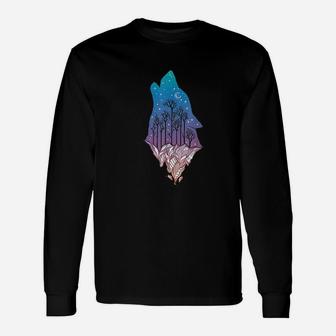 Wolf Howling At Moon With Mountains Unisex Long Sleeve | Crazezy DE