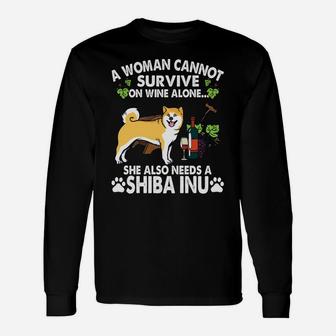 A Woman Cannot Survive On Wine Alone She Also Needs Shiba Inu Dog Long Sleeve T-Shirt - Seseable