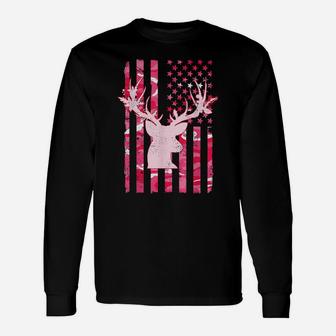 Women's Camo Whitetail Buck Deer Pink Camouflage Usa Flag Unisex Long Sleeve | Crazezy