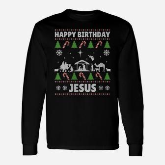 Womens Happy Birthday Jesus Xmas Holiday Christmas Ugly Sweater Unisex Long Sleeve | Crazezy