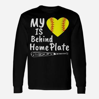 Womens My Heart Is Behind Home Plate Softball Proud Mom Dad Gift Unisex Long Sleeve | Crazezy UK