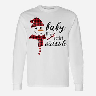 Baby It's Cold Outside Cute Christmas Snowman Buffalo Plaid Unisex Long Sleeve | Crazezy