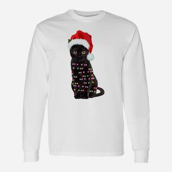 Black Cat Christmas Lights Cat Lover Christmas Sweatshirt Unisex Long Sleeve | Crazezy UK