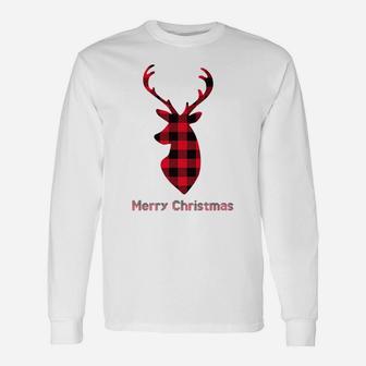 Buffalo Plaid Reindeer Christmas Tee Santa Hat Merry Xmas Unisex Long Sleeve | Crazezy