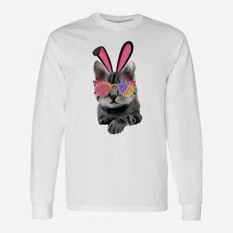 Bunny Cat With Glasses Eggs For Easter Day Cat Kitty Lovers Unisex Long Sleeve | Crazezy CA