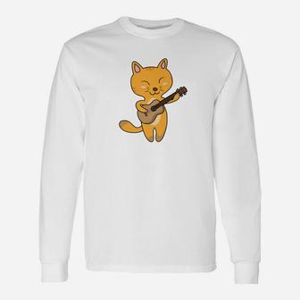 Cat Playing Ukelele Shirt Cool Kitten Uke Artist Tee Long Sleeve T-Shirt - Thegiftio UK