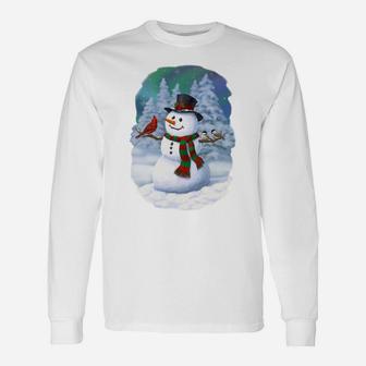 Christmas Snowman Cardinal Bird Chickadees Winter Snow Scene Sweatshirt Unisex Long Sleeve | Crazezy