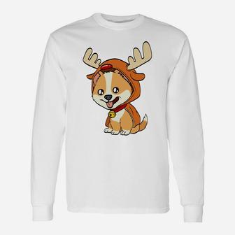 Corgi Puppy Dog Dressed As Reindeer Dogs Xmas Sweatshirt Unisex Long Sleeve | Crazezy CA