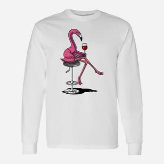 Cute Flamingo Bird Wine Drinking Party Women Long Sleeve T-Shirt - Thegiftio UK