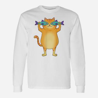 Fat Cat Catching Fish Fishy Eyes Pet Kitty Lovers Cute Unisex Long Sleeve | Crazezy