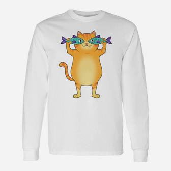 Fat Cat Catching Fish Fishy Eyes Pet Kitty Lovers Cute Unisex Long Sleeve | Crazezy