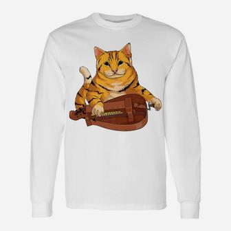 Funny Cat Playing Hurdy Gurdy Gift | Cool Kitten Musician Unisex Long Sleeve | Crazezy UK