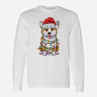 Funny Corgi Christmas Tree Lights Gift Santa Hat Dog Lover Sweatshirt Unisex Long Sleeve | Crazezy