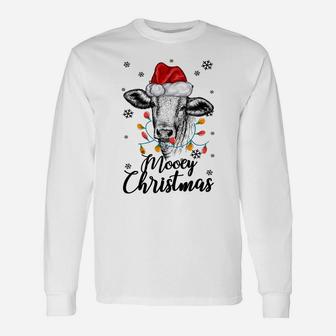 Funny Cow With Santa Hat Mooey Christmas Lights Gift Heifers Sweatshirt Unisex Long Sleeve | Crazezy AU