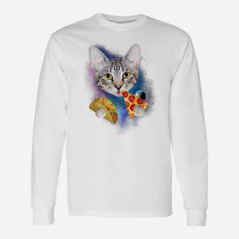 Funny Galaxy Cat Shirt | Space Cat Eat Pizza And Taco Shirt Unisex Long Sleeve | Crazezy
