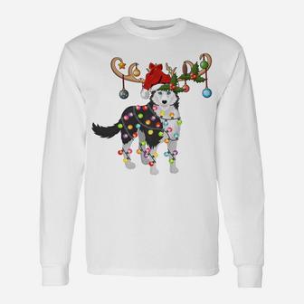 Funny Lighting Santa Hat Reindeer Siberian Husky Christmas Sweatshirt Unisex Long Sleeve | Crazezy AU