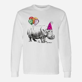 Hippo Wearing A Birthday Hat With Party Balloons Par Unisex Long Sleeve | Crazezy AU