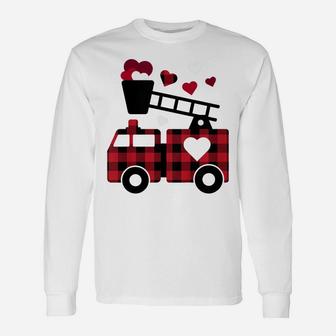 Kids Fire Truck Buffalo Plaid Valentines Day Mom Dad Son Unisex Long Sleeve | Crazezy