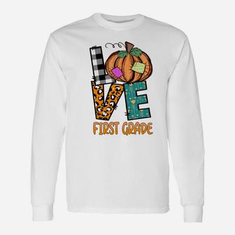 Love First Grade Teacher Thanksgiving Pumpkin Costume Unisex Long Sleeve | Crazezy CA