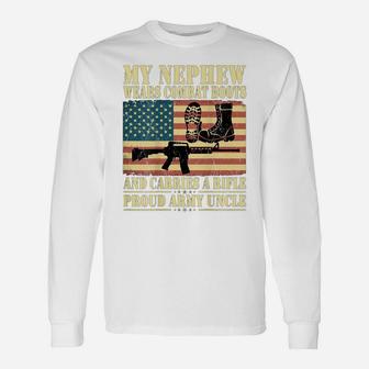 Mens My Nephew Wears Combat Boots Shirt Military Proud Army Uncle Unisex Long Sleeve | Crazezy