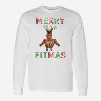 Merry Fitmas Christmas Reindeer Bodybuilding Weight Training Unisex Long Sleeve | Crazezy UK