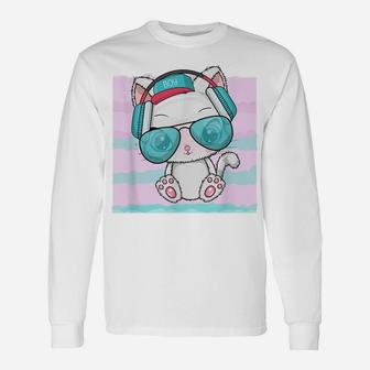 Rave Kitty Cat Pastel Blue Pink Wave Headphones Music Lovers Unisex Long Sleeve | Crazezy