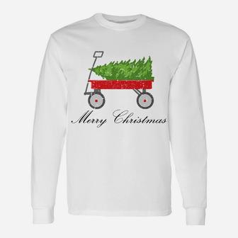 Red Wagon Bringing Home Christmas Tree Unisex Long Sleeve | Crazezy UK