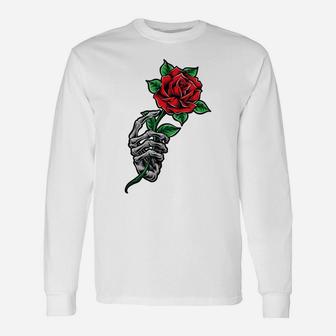 Skeleton Hand Holding A Red Rose Flower Cool Aesthetic Unisex Long Sleeve | Crazezy