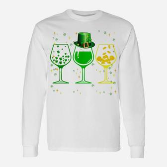 Three Wine Glasses Clover Shamrock St Patrick Day Irish Gift Unisex Long Sleeve | Crazezy