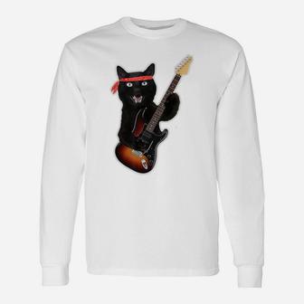 Vintage Black Cat Lover, Retro Style Cats Gift Guitar Unisex Long Sleeve | Crazezy