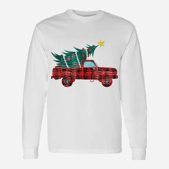Vintage Red Truck Merry Christmas Tree Red Buffalo Plaid Unisex Long Sleeve | Crazezy AU