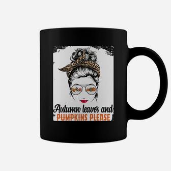 Autumn Leaves And Pumpkins Please Women Messy Bun Leopard Sweatshirt Coffee Mug | Crazezy AU