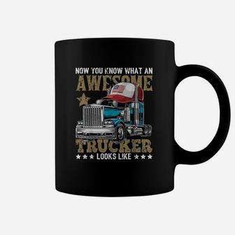Awesome Trucker American Flag Truck Driver Trucker Hat Gift Coffee Mug | Crazezy