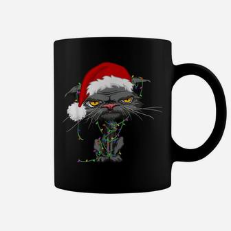 Cat Christmas Lights Grumpy Bored Cat Santa Hat Funny Catmas Coffee Mug | Crazezy CA