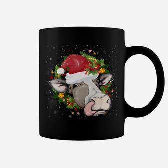 Christmas Cow Head Wreath Cow Wearing Santa Hat Funny Sweatshirt Coffee Mug | Crazezy