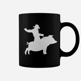 Cowboy Riding A Pig Bbq Distressed Coffee Mug - Monsterry