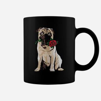 Cute Pug Holding Red Rose Valentines Day Pugs Coffee Mug - Monsterry DE