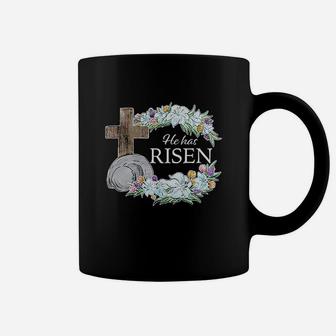 Easter He Has Risen With Cross And Flowers Coffee Mug | Crazezy