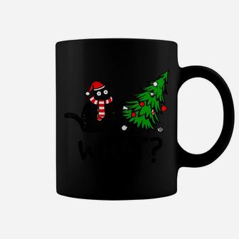 Funny Black Cat Gift Pushing Christmas Tree Over Cat What Coffee Mug | Crazezy DE