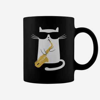 Funny Cat Wearing Sunglasses Playing Saxophone Gift Coffee Mug | Crazezy