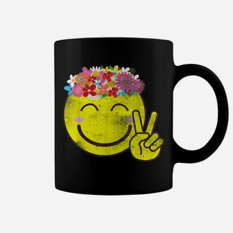 Happy Smiley Face Rainbow Floral Emoticon Flower Peace Sign Coffee Mug | Crazezy