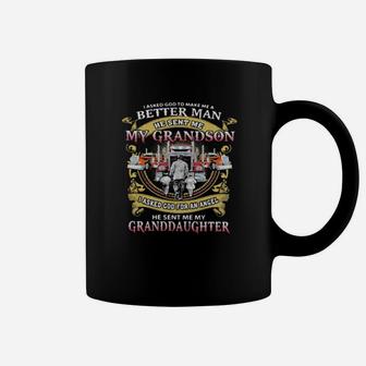 I Asked God To Make A Better Man He Sent Me My Grandson He Sent Me My Granddaughter Trucker Coffee Mug - Monsterry DE