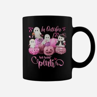 In October We Wear Pink Pumpkin, Ghost And Flower Sweatshirt Coffee Mug | Crazezy