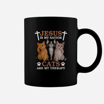 Jesus Is My Savior Cats Are My Therapy Coffee Mug - Monsterry