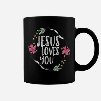 Jesus Loves You With Round Flower Frame Graphic Coffee Mug | Crazezy