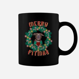 Merry Pitmas Pitbull Dog Christmas Candy Canes Glow Wreath Sweatshirt Coffee Mug | Crazezy AU