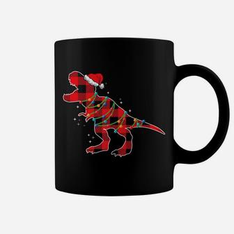 Red Plaid Dinosaur Christmas Lights Funny Santa Hat Coffee Mug | Crazezy