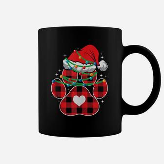 Red Plaid Dog Paw Print Christmas Lights Funny Santa Hat Coffee Mug | Crazezy